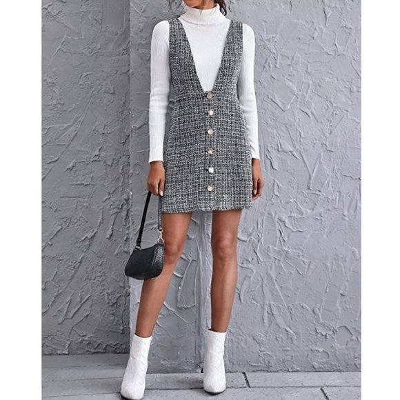 Black Plaid Tweed Sleeveless V-Neck A-Line Mini Pinafore Overalls Tank Dress - Picture 4 of 9